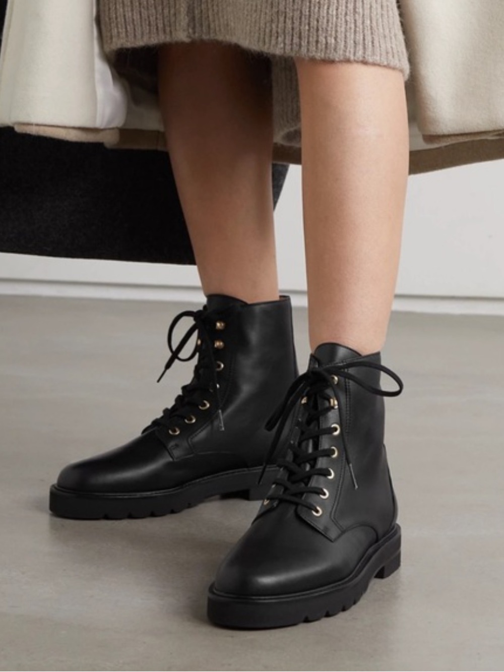 Stuart Weitzman Mila Lift Black Leather Lace-Up Combat Ankle Boots Size 7.5